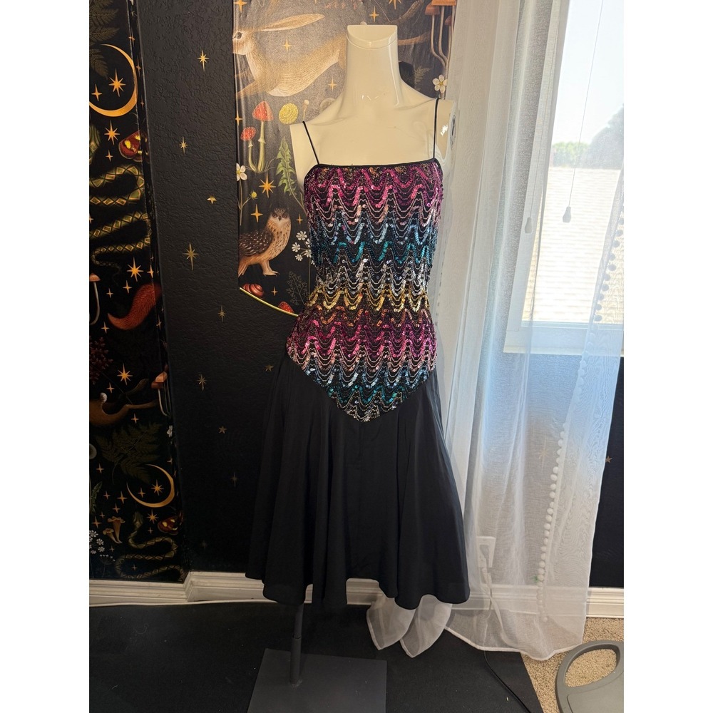 Vintage‎ Princess Kate NY Sequin Chevron Basque Waist Dress Black Multi 15/16